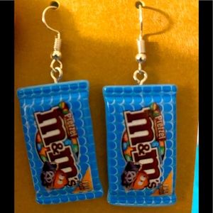 M & M pretzel blue candy bag earrings